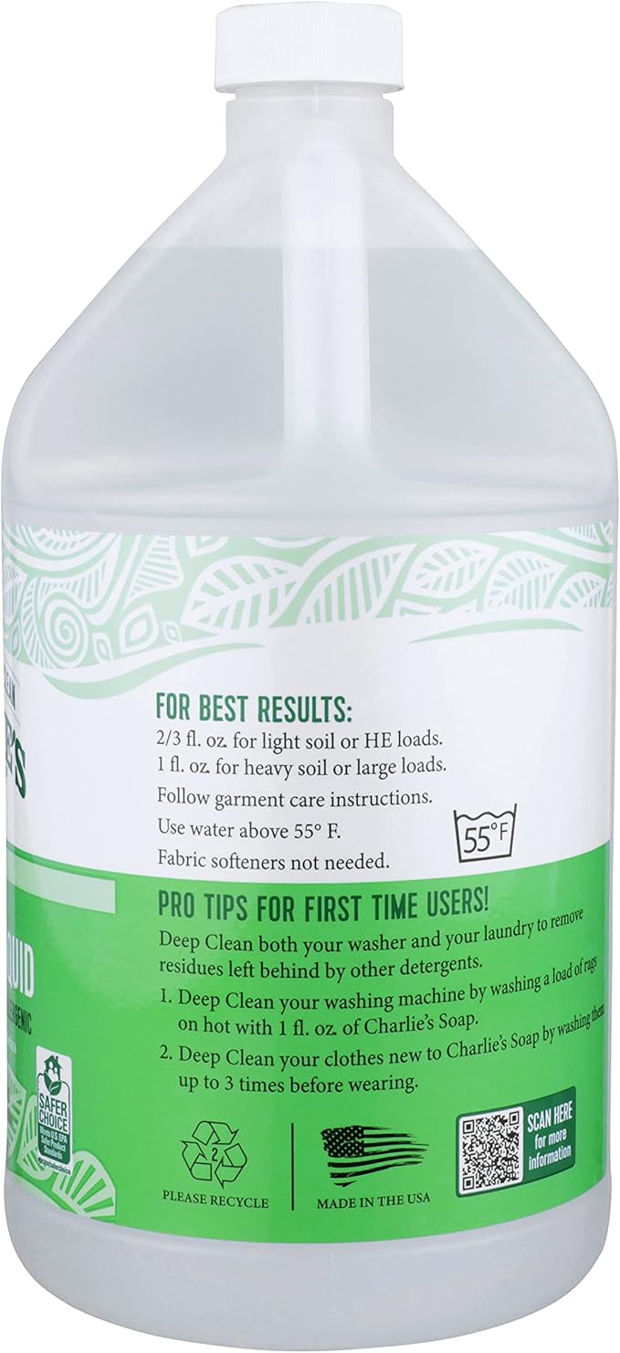Charlie’s Soap Laundry Liquid (160 Loads, 1 Pack) Natural Deep Cleaning Hypoallergenic Laundry Detergent – Eco-Friendly, Safe and Effective