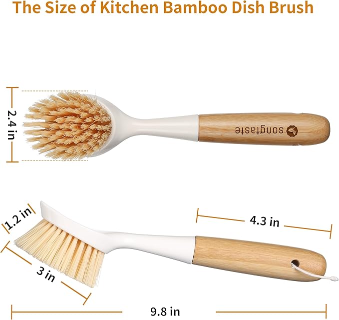 2 Pack Kitchen Dish Brush Bamboo Handle Dish Scrubber Built-in Scraper, Scrub Brush for Pans, Pots, Kitchen Sink Cleaning, Dishwashing and Cleaning Brushes are Perfect Cleaning Tools, White