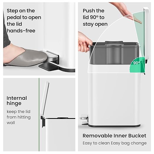 Cesun Bathroom Trash Can with Lid, 2.6 Gallon Small Bathroom Garbage Can Soft Close, Stainless Steel Waste Basket with Step Pedal for Bedroom, Laundry Room, Living Room, Home Office, Toilet, RV, White