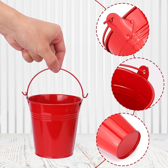 20 Pack 4 Inch Red Mini Metal Bucket, Elegant Galvanized Buckets with Handles, Tin Buckets, Small Iron Bucket, Mini Metal Pail for Party Favors, Crafts, Garden & Beach