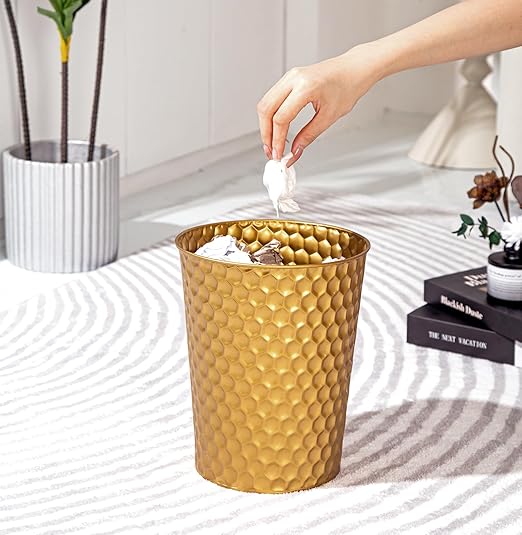 Small Metal Trash Can Wastebasket, Decorative Honeycomb Garbage Can Waste Basket, Modern Farmhouse Round Trash Bin for Bathroom, Bedroom, Kitchen and Office (Gold)