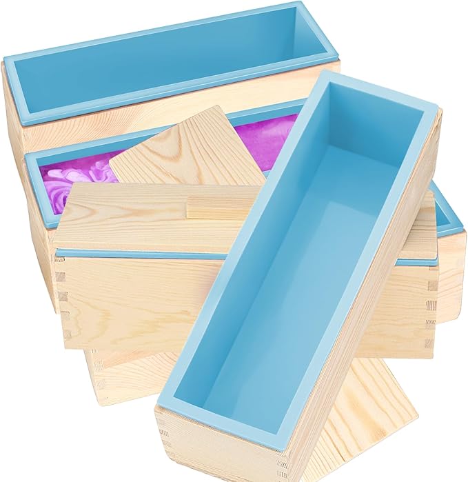 ZOENHOU 3PCS 42oz Blue Soap Molds, Flexible Rectangular Silicone Soap Making Molds Kit with Wood Box DIY Tool Set for Soap Making Supplies