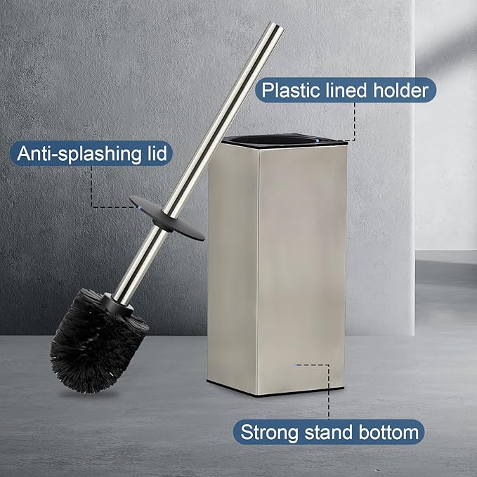 Toilet Brush and Holder Set, NEWRAIN Stainless Steel Toilet Brush with Long Brush Handle, Brushed Nickel Toilet Scrubber and Covered Holder, Square Design Sturdy and Space Saving, Covered Brush