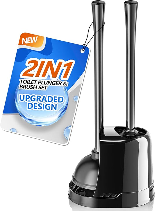 Toilet Plunger and Brush, Bowl Brush and Heavy Duty Toilet Plunger Set with Ventilated Holder, 2-in-1 Toilet Brush and Plunger Combo for 5.3-inch Toilet Drain Bathroom Cleaning (Black)