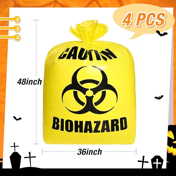 Qilery 4 Pcs Large Halloween Leaf Trash Bags Outdoor Plastic Lawn Waste Bags Biohazard Party Trash Bag Halloween Garden Outdoor Biohazard Zombie Party Decorations