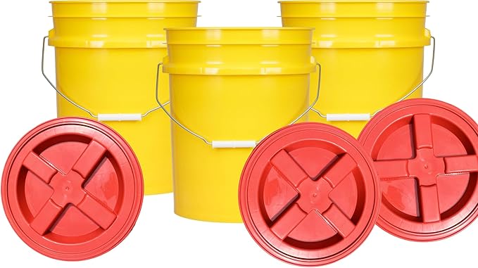 House Naturals 5 Gallon Plastic Yellow Food Grade BPA Free Made in USA Bucket Pail with Air Tight Double Gasket Screw on Lid(Pack of 3) (Yellow and Red lids)