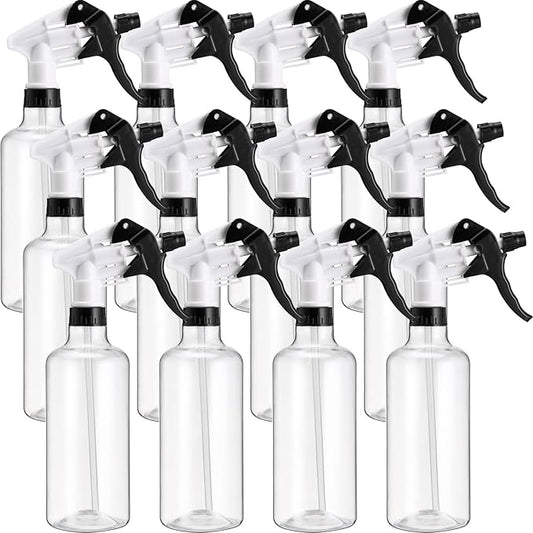 Eccliy 12 Pcs 16 Oz Plastic Spray Bottle, Adjustable Empty Reusable Sprayer for Cleaning, Planting, Water, Bathroom and Kitchen, BBQ, Commercial and Residential (Black,Clear)