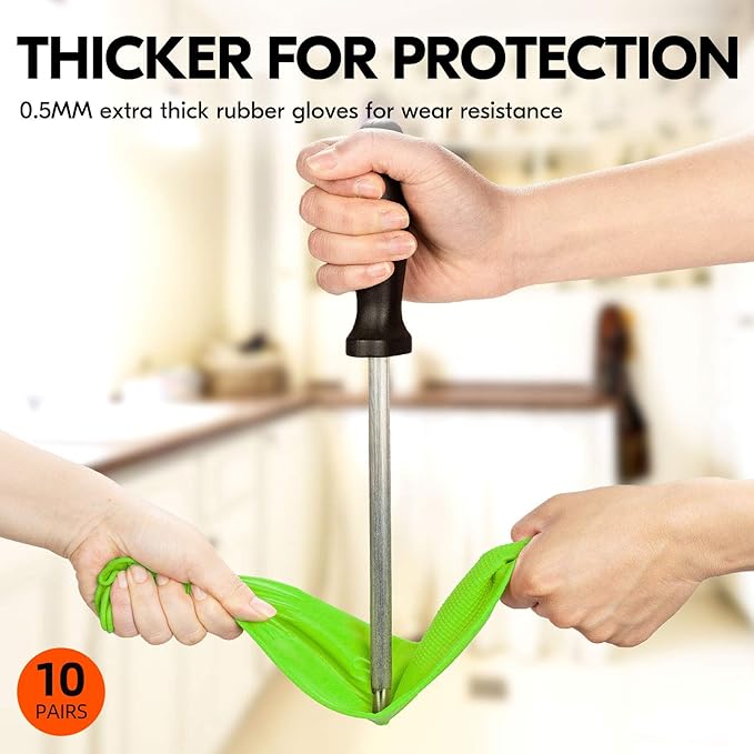 Vgo... 10-Pairs Dishwashing Gloves, Reusable Household Gloves, Long Sleeve, Thick Latex, Cleaning, Washing, Working, Painting, Gardening, Pet Care (Size L, Green, RB2143)