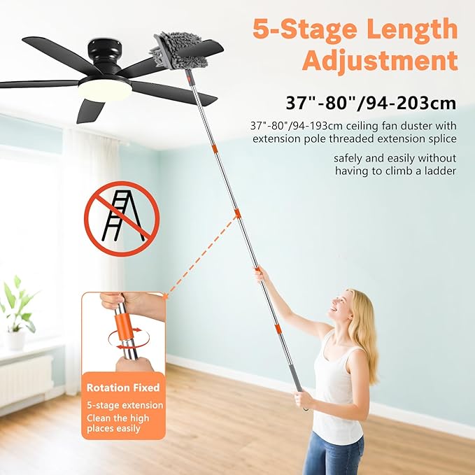 Ceiling Fan Cleaner Duster, Ceiling Fan Duster with 37"-80" Adjustable Length, Ceiling Fan Blade Cleaner Bidirectional 180° Rotation for Ceiling Fan, Window Walls Floor