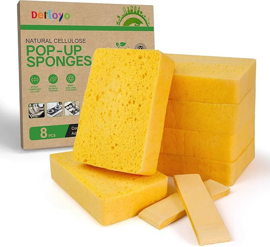 8-Count Pop Up Cellulose Sponges | Non-Scratch Eco-Friendly Kitchen Sponges for Dishes, Bathroom, Cars | Tear-Resistant Natural Scrub Sponges | Biodegradable Compostable Cellulose
