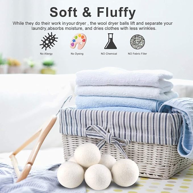 Wool Dryer Balls, Made from Premium Reusable New Zealand Wool, Fabric Softener, Reduce Wrinkles & Static Electricity, Shorten Drying Time Naturally, XL Size, Natural White, 6-Pack