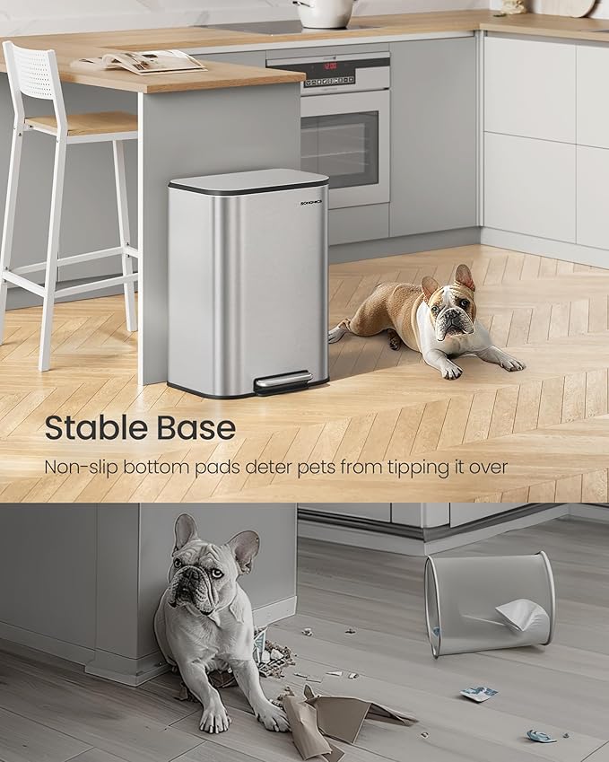 SONGMICS Kitchen Trash Can, 13-Gallon (50 L) Garbage Can with Lid, Stainless Steel, Soft Close and Stays Open, Inner Bucket, Wide Non-Slip Pedal, Metallic Silver ULTB547E01