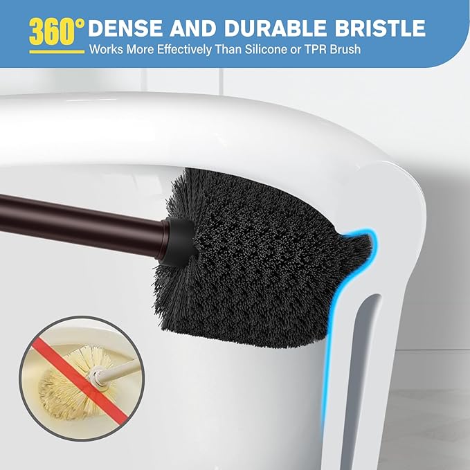 UPTRONIC Toilet Brush, Aluminum Alloy Toilet Brush and Holder Set with Extra Long Handle Durable Bristles Toilet Bowl Brush and Covered Holder for Toilet Scrubber for Bathroom Cleaning