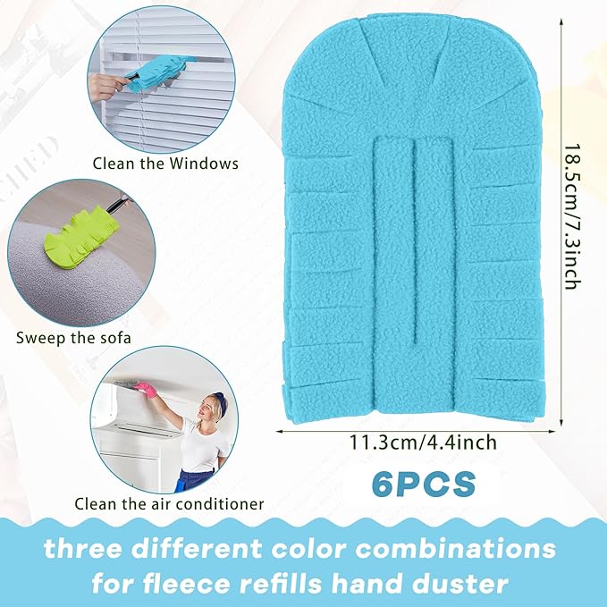 Zubebe 6 Pcs Duster Refill Reusable Fleece Duster Refills Feather Flat Dusters Multi Surface Washable Cleaning Pads Tools for Home, Blinds, Car, Pet, Furniture, Fans (Blue,Green,Grey)