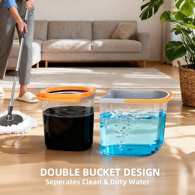 Spin Mop and Bucket Set,Detachable Double Buckets Separate Dirty Water with Stainless Steel Wringer for Floor Cleaning,Cleaning Buckets with 4 Mop Head Replacements for Household Use
