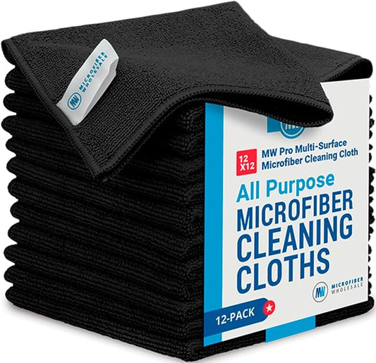 12" x 12" Pro Multi-Surface Microfiber Cleaning Cloths | Black - 12 Pack | Premium Microfiber Towels for Cleaning Glass, Kitchens, Bathrooms, Automotive, Supplies & Products