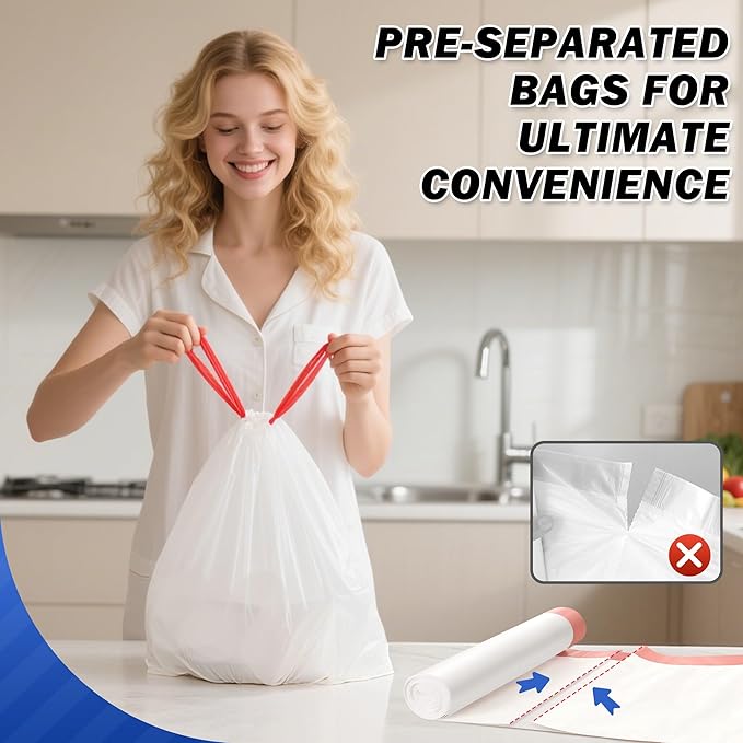 WINNER Trash Bags 13 Gallon, 20 Count Drawstring Tall Kitchen Garbage Bags, Unscented White Plastic Bags, Trash Can Wastebasket Bin Liners for Bathroom Apartment Office Home & Kitchen