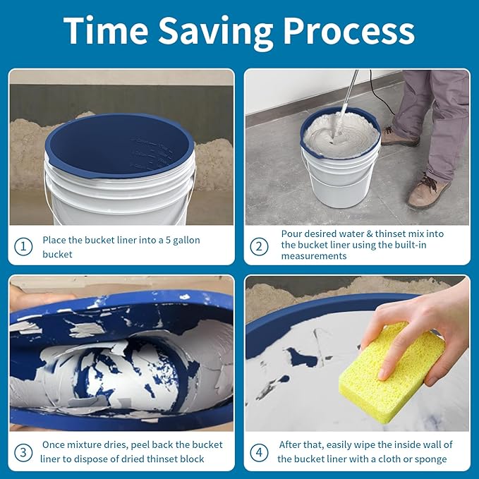 5 Gallon Bucket Liner Reusable Bucket Saver Liner with Measurements for Thinset, Mortar, Concrete Mixtures, Grout, Mud and Cement, Flexible Food Grade Silicone Bucket Liner, Blue