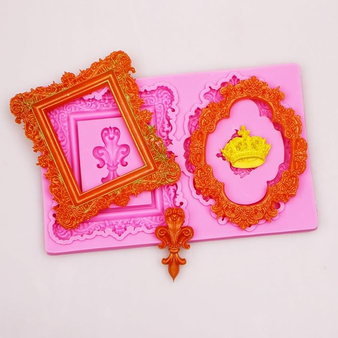 Baroque Mirror Frame Silicone Fondant Molds European Vintage Crown Cake Decoration Molds for Anniversary Weddings Bridal Shower Chocolate Candy Sugar Gum Paste Butter Resin Cookies Polymer Clay