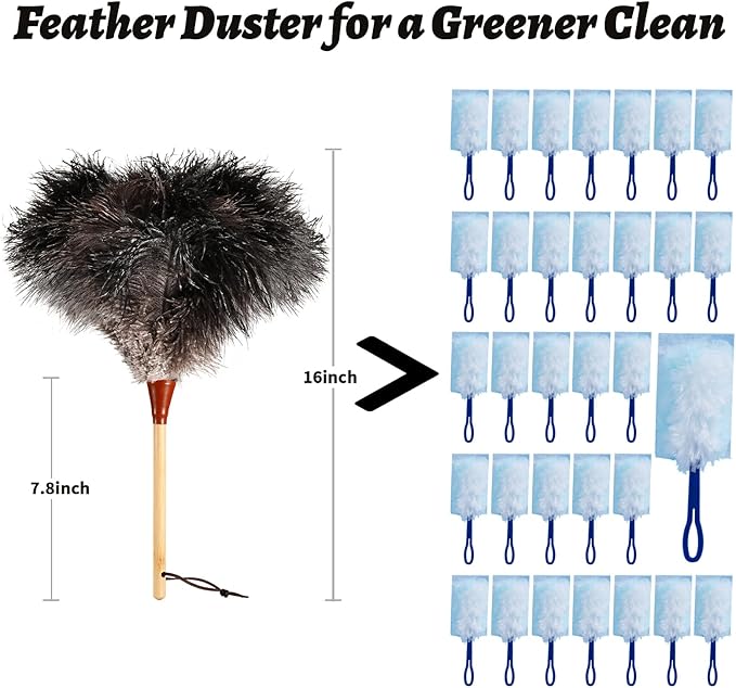 Natural Good Ostrich Feather Duster with Bamboo Handle, Electrostatic Dust Remove for Ceiling，Fans，Bookshelves, Sofa, Windows, Fit for Home, Office and Cars