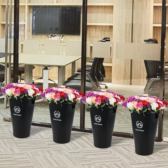 16 Inch Tall Flower Buckets Set with Cutout Handle, Set of 4 Plastic Floral Vase Bucket for Cut Flowers Home Wedding Decoration, Black
