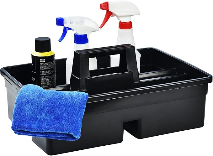 3-Compartment Plastic Cleaning Caddy Basket – Stackable Large Commercial Quality Plastic Tool Organizer Bucket with Handle, Black