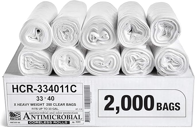 Aluf Plastics High Density Trash Bags, 33 Gallon, 2000 Count, 11 Micron (eq), 33" x 40", Clear, for Bathroom, Office, Industrial, Commercial, Janitorial, Municipal, Recycling