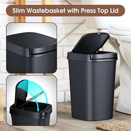 CEROELDA 3 Pack Bathroom Trash Can with Lid, 10L/2.6 Gal Small Garbage Can with Press Top Lid, Slim Plastic Waste Basket for Toilet, Office, Bedroom (Muti 1, 3 Pack)