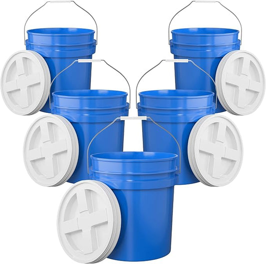 5-Gallon Blue Bucket Pail with Gamma Seal Screw on Airtight Lid, Metal Handles with Plastic Grip for Easy Carrying, Easy Stack and Store, Heavy-Duty 90MIL Extra Durable, Food Grade, BPA Free - 5 Pack