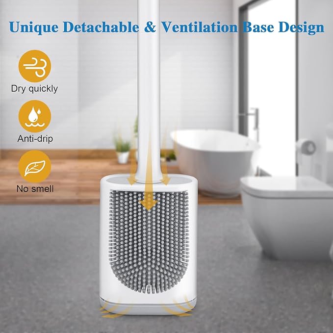 Silicone Toilet Brush and Holder Bendable Efficient Cleaning Wall Mounted Toilet Bowl Brush with Long Handle Brush Head and Silicone Bristles No Rusty Handles Problem (White)