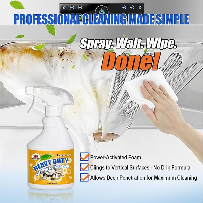 16.9 FL OZ Heavy Duty Kitchen Foam Cleaner - Multipurpose Degreaser Spray to Clean Up Kitchen Oil Stains, Grease & Burnt Residue on Pots, Pans, Ovens, Surfaces - Dual-Spray Nozzle, No-Rinse Formula