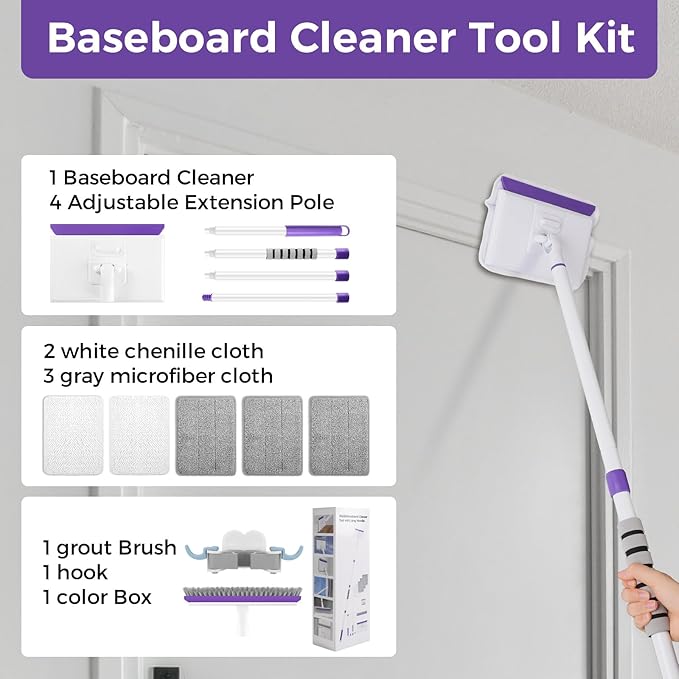 Baseboard Cleaner Tool with Handle 2.0, 60" Extendable Long Handle, Dust Trapping and Locking, 5 Reusable Pads, Purple Base Boards Cleaning Tool for Moldings, Wall, Floor, Bathroom, Kitchen