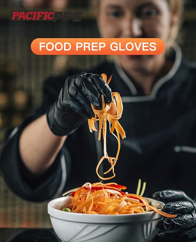 PACIFIC PPE 6-mil Black Nitrile Disposable Gloves, Food-Safe, Powder-Free, Cleaning, Textured Fingertips, Latex-Free, Medium