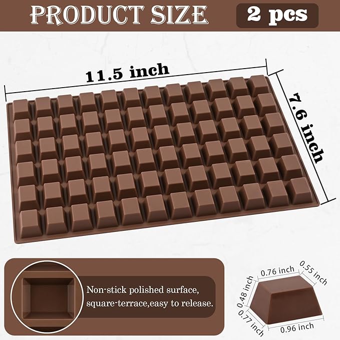 Sakolla 2 Pack Square Chocolate Molds, 72 Cavities Terrace Silicone Molds for Chocolate, Candy, Gummy, Jelly, Ganache, Ice Cubes (Brown)