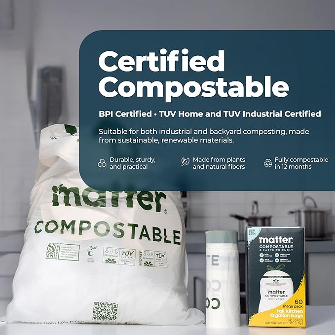 Matter Compostable 13 Gallon Tall Kitchen Trash Bags with Drawstring, Eco-Friendly, Unscented, Durable, Leak-Resistant, 60 Count