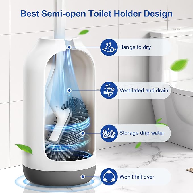 HAMITOR Toilet Bowl Brush Holder Set: Deep Cleaning Silicone Toilet Cleaner Scrubber Under Rim with Curved Bristle for Bathroom Dead Corner Clean - Modern Rv Toilet Decorative Accessories - White