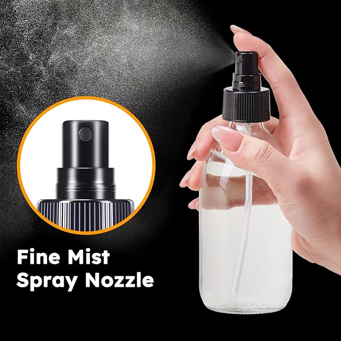 Tecohouse 2 Pack Glass Spray Bottles, 250ml Small Glass Bottles for Cleaning Solutions, Spray Bottles for Essential Oils, Plants, with Durable Nozzle, Labels, Funnel - Clear