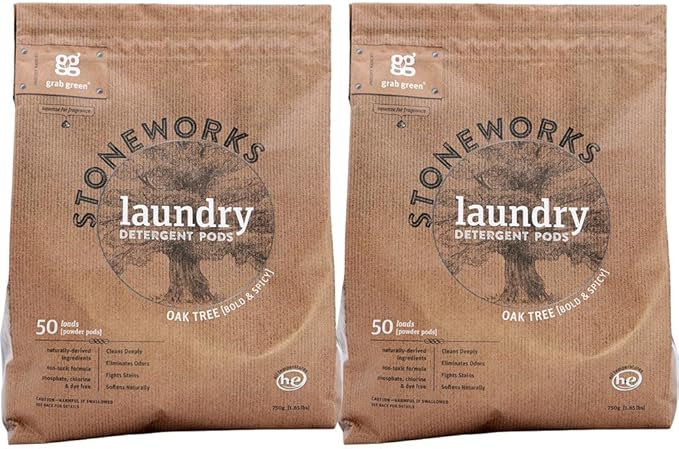 Grab Green Stoneworks Laundry Detergent Pods, 100 Count, Oak Tree Scent, Plant and Mineral Based, Cleans Deeply, Eliminates Odors, Fights Stains, Softens Naturally