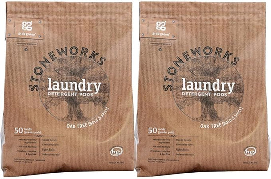 Grab Green Stoneworks Laundry Detergent Pods, 100 Count, Oak Tree Scent, Plant and Mineral Based, Cleans Deeply, Eliminates Odors, Fights Stains, Softens Naturally