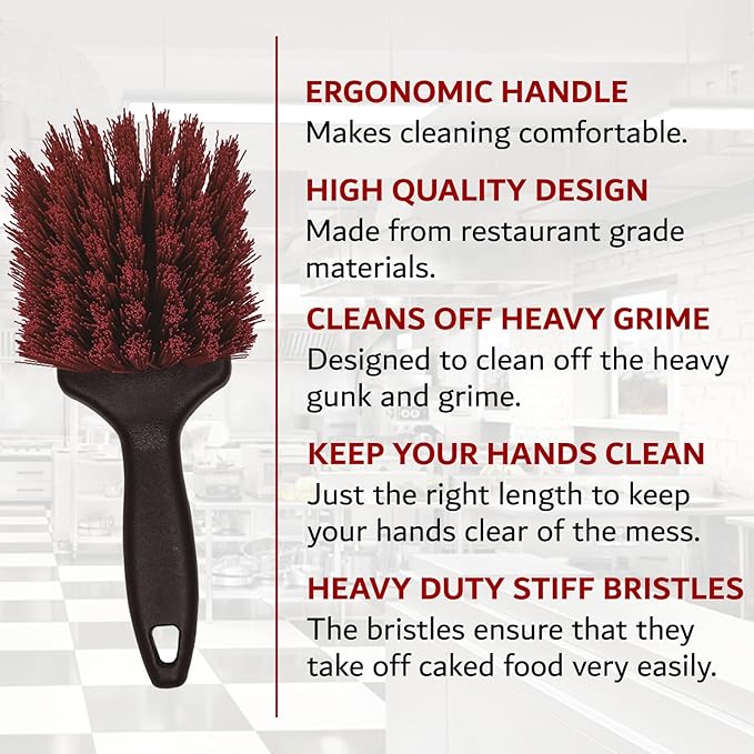 8" Pot & Dish Cleaning Brush by FryOilSaver Co., Dish Scrubber w/Stiff Bristle Brush for Kitchen Cleaning Tough Stain, Dishes, Pot, Pan, Sink, Stove, Grill Scrubber for Home & Busy Restaurant - 90048