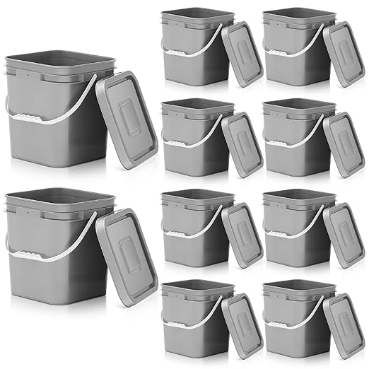 Mumufy 10 Pcs 3.5 Gallon Square Food Grade Bucket with Lid Plastic Pail with Handle and Lid Square Buckets for Storing Dry Food Charcoal Camping Fishing(Grey)