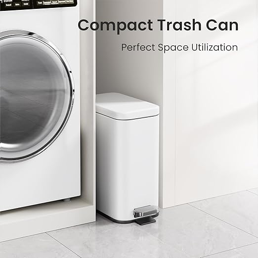 Cesun Bathroom Trash Can with Lid, 2.6 Gallon Small Bathroom Garbage Can Soft Close, Stainless Steel Waste Basket with Step Pedal for Bedroom, Laundry Room, Living Room, Home Office, Toilet, RV, White