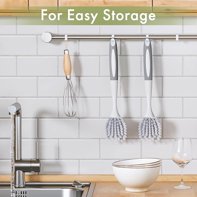 Amazer Dish Brush with Handle, 2 Pack Kitchen Scrub Brushes for Cleaning, Dish Scrubber with Stiff Bristles for Sink, Pots, Pans (Grey+Grey)