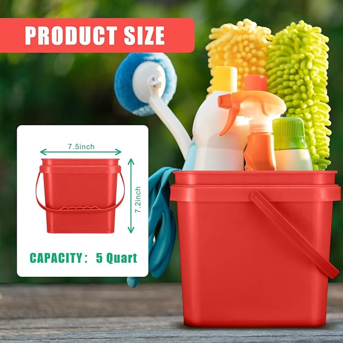 4 Pcs Plastic Bucket 5 Quart Square Bucket Utility Small Pail with Handle Sturdy Pail Organizer for House Cleaning Storage Livestock Feeding Car Washing Food Storage, No Lids(Red)