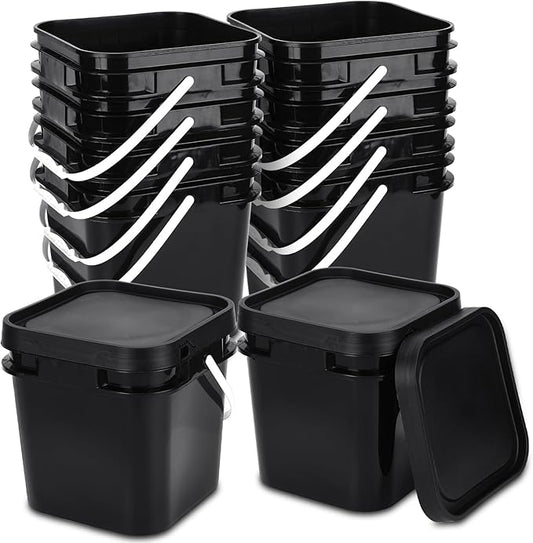 Suzile 10 Pcs 2.2 Gallon Square Bucket with Lid Food Grade Plastic Bucket 10L Utility Industrial Pail with Handle Container for Food Oil Tub Water Fishing Paint House Cleaning Car Washing(Black)