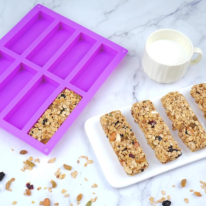 8 Cavity Granola Bar Molds, 2 Pack Rectangle Silicone Chocolate Candy Bar Molds for Baking Cereal Energy Bar, Protein Bar, Brownie, Cheesecake