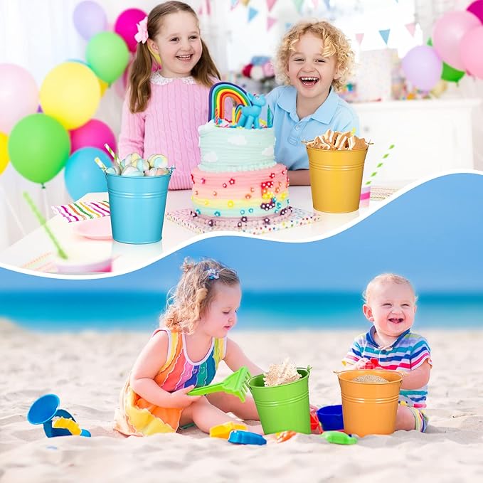 Therwen 24 Pieces Small Metal Buckets Colored Galvanized Bucket Round Metal Pail for Kids Classroom Candy Crafts,Utensils, Vase Party Favor(with Handle,5.71 Inch)