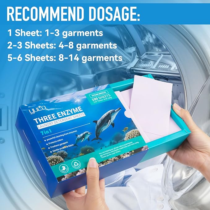 YUCO Laundry Detergent Sheets 100 Washes, Concentrated Laundry Detergent, Washing Soap Washer Sheet, for Deep Cleaning Grament Freshening, Hypoallergenic, Plastic Free Packaging (Ocean Breeze)