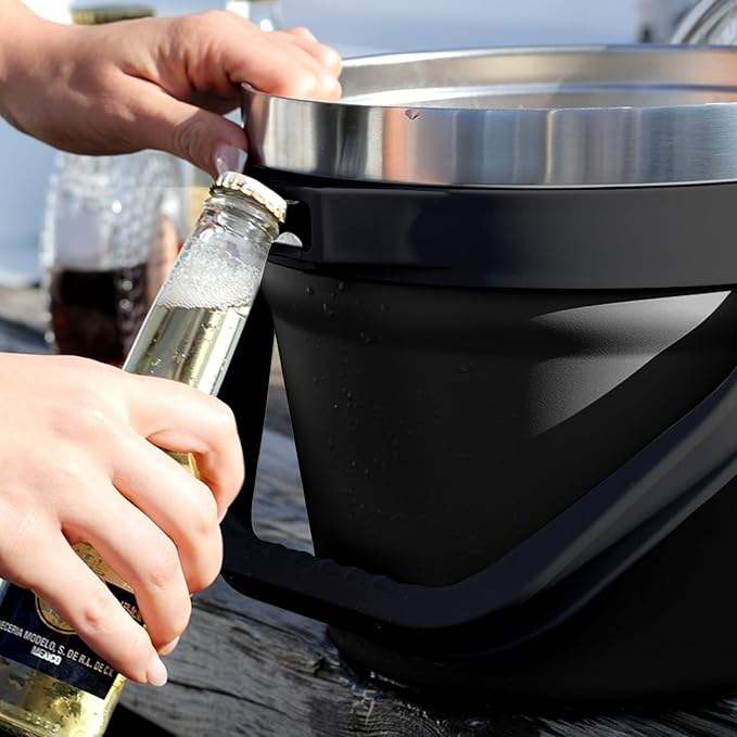 COKTIK 7L Insulated Ice Bucket with Lid，Double Wall Vacuum Stainless Steel Beverage Bucket Keeps Frozen Longer，Holds 6 Longnecks or 3 Bottles of Wine，for Cocktail, Champagne, Large Parties(Black)