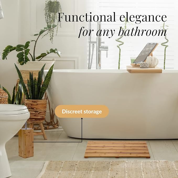 GOBAM Bamboo Toilet Bowl Cleaner with Holder for All Toilet Types - Hidden Stainless Steel Toilet Brush - Bathroom Cleaning Brushes - Toilet Accessories - Natural